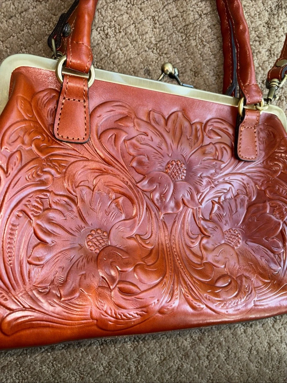 Patricia Nash luxury designer brown Leather handbag embossed floral design